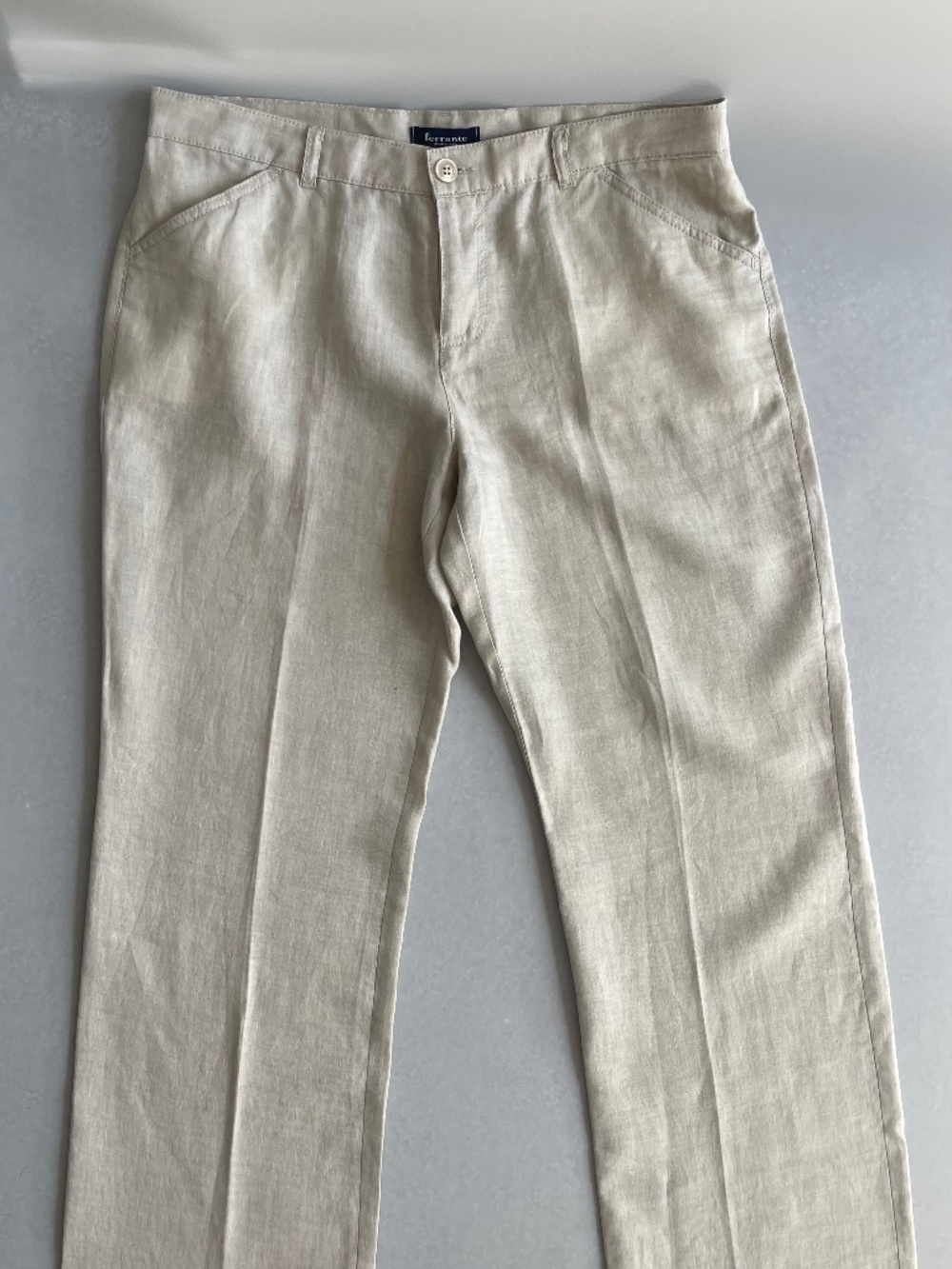 Ferrante Made In Italy 100% Linen Beige Straight Leg Pants IT 46